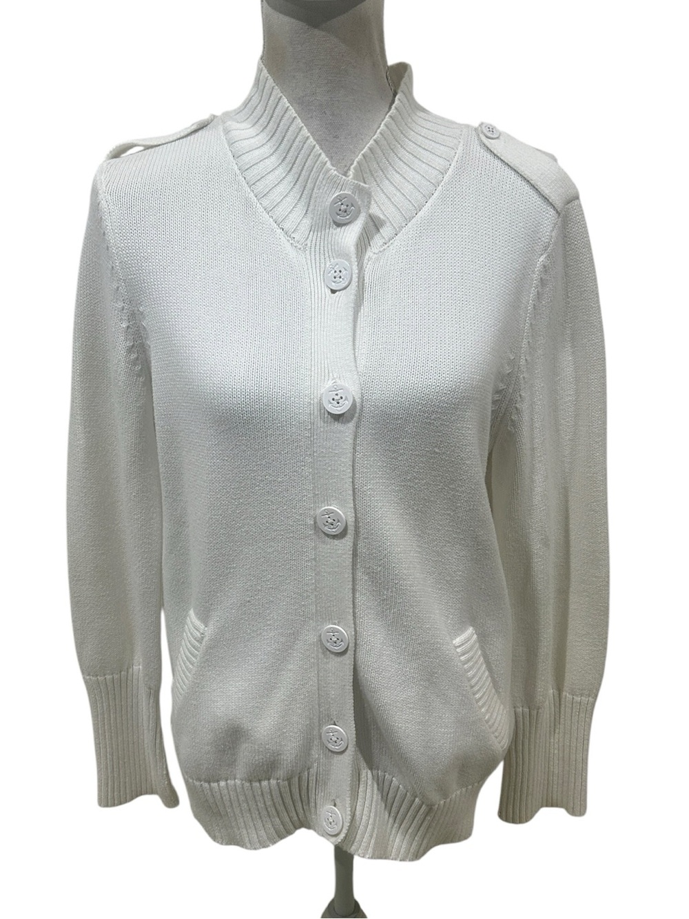 Talbots White Button-Front midweight knit Cardigan shoulder epaulettes sz large
